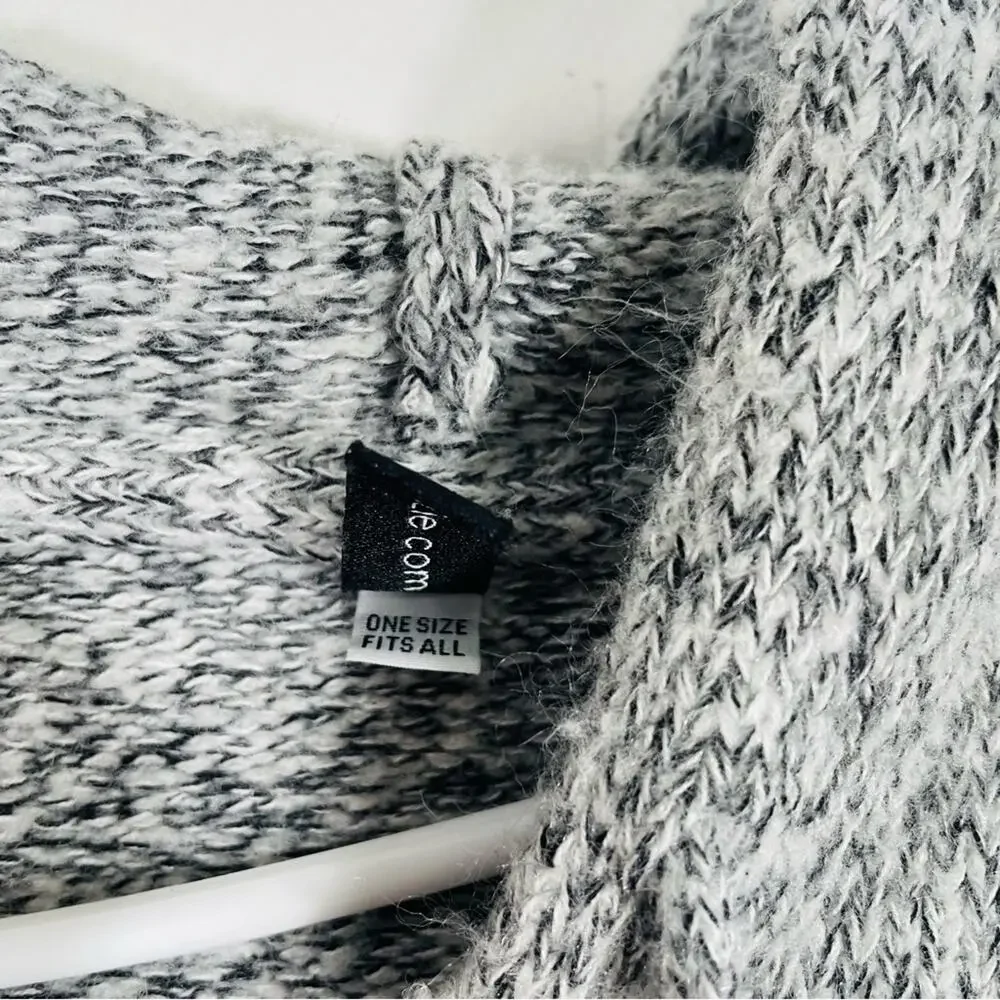 ONZIE Gray Black Varsity Striped Blouson Sleeve Chunky Knit Hoodie Sweater OS